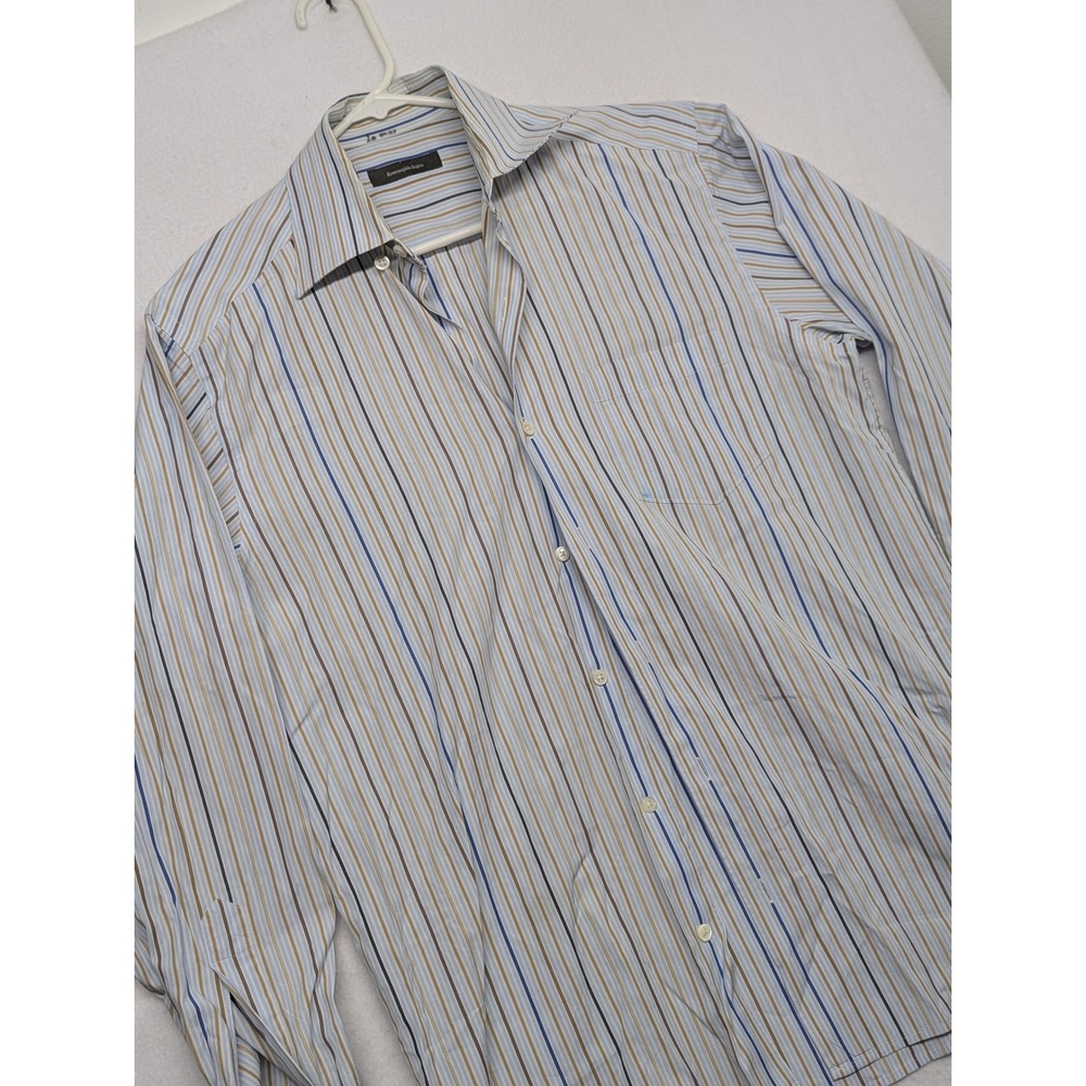 Ermenegildo Zegna Mens Long Sleeve Striped Button Up Dress Shirt Blue Tan